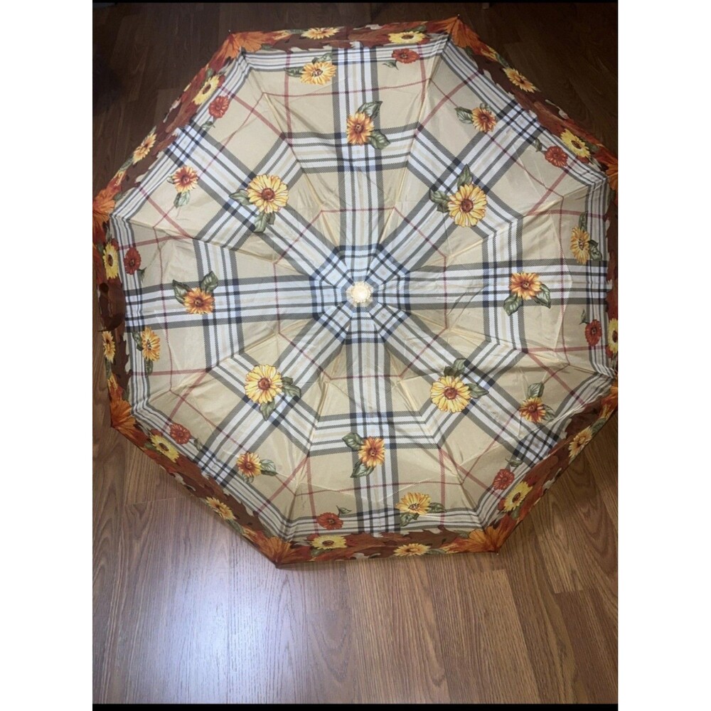 Rare VTG Sunflower Autumn Fall Brown Plaid Avon Umbrella New/Rt1